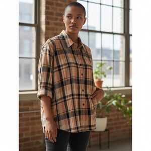 SPORT SAVVY Womens 2X Plaid Button Up Shirt Silk Cotton Blend Orange Black